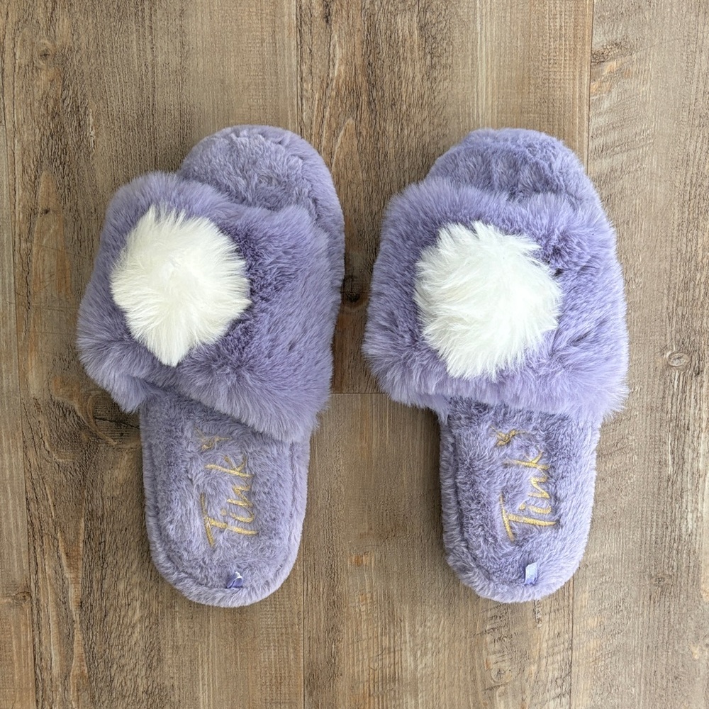 Purple Fluffy Tinkerbell Slippers with White Pom Pom - Size Large